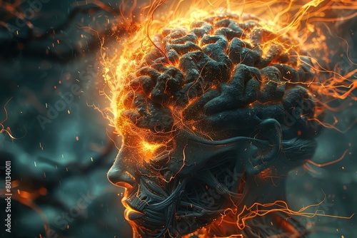 A hyper-realistic image of an anatomical Pineal gland bursting with vibrant flames