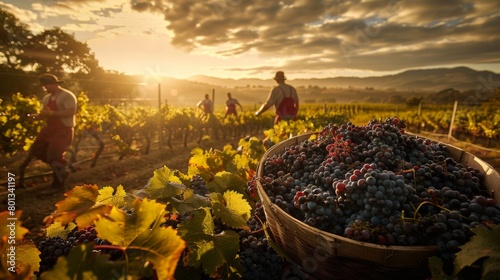 Vineyard Harvest: A real photo shot capturing the harvest season in vineyards, where workers handpick ripe grapes amidst the natural beauty of the vineyard landscape.