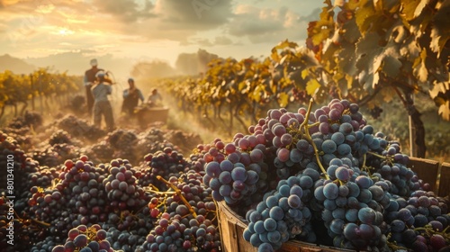Vineyard Harvest: A real photo shot capturing the harvest season in vineyards, where workers handpick ripe grapes amidst the natural beauty of the vineyard landscape.