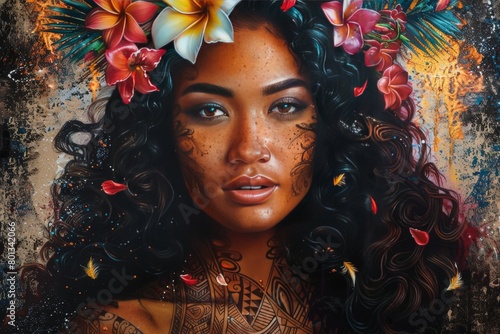 4k glossy airbrush oil ink painting of a realistic full-size Polynesian woman. She should have brown skin, textured long loose curly black hair adorned with colorful flowers