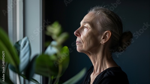 Portrait of a stoic elderly lady looking out a window thinking about her life