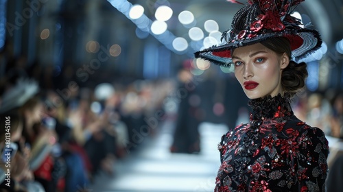 A woman in a red hat stands on a runway in front of a crowd of people