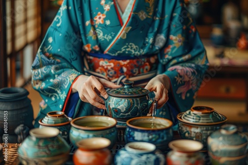 A woman in a kimono is pouring water into a teapot