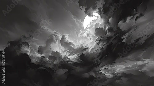 Capture the ominous essence of stormy skies in a dramatic aerial view Utilize a monochromatic palette to emphasize the turbulence and raw power of the weather Enhance the depth by