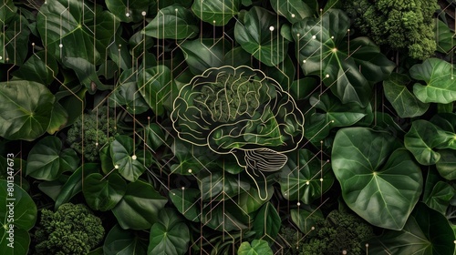 Conceptual artwork of a human brain outlined over lush green foliage, symbolizing the connection between mental health and nature, concept of biophilic design and natural intellect