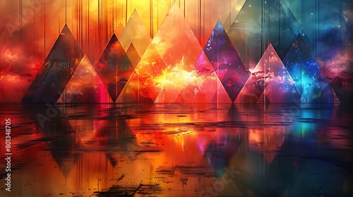 Produce a bold and modern digital art piece featuring a grid of precisely aligned holographic triangles.