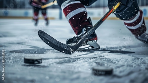 Close-up of ice hockey player in action on a rink, sticks and puck detailed with flying snow.