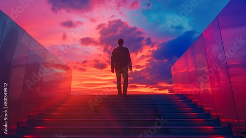 Silhouette of Businessman on Vibrant Twilight Staircase Symbolizing Career Ascent and Success