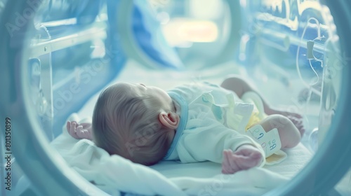 Newborn baby lies in hospital incubator after being born 