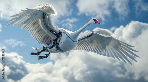 White swan cyborg robot is flying in the beautiful sky AI generated image