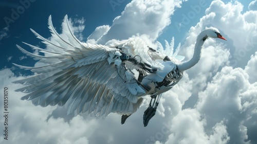 White swan cyborg robot is flying in the beautiful sky AI generated image