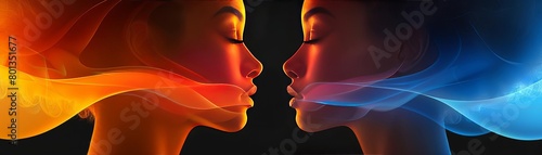 Two women face each other, their breath visible in the cold air. One woman is illuminated by a warm orange light, the other by a cool blue light.