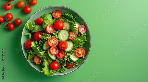 Assiette de salade colorée avec des tomates, des concombres et de la laitue sur un fond vert, vue de dessus, image avec espace pour texte.