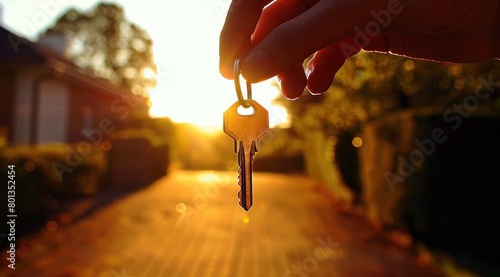 Gros plan d'une main tenant des clés avec une maison en arrière-plan, concept de vente ou achat de bien immobilier.