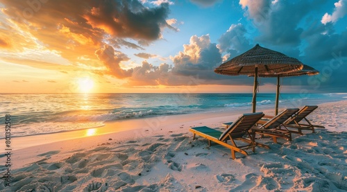 Une plage de sable doré, des chaises longues et des parasols sur le rivage d'une île exotique au coucher du soleil.