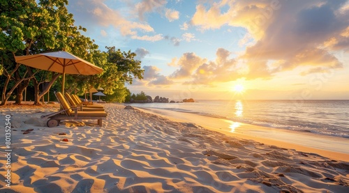 Une plage de sable doré, des chaises longues et des parasols sur le rivage d'une île exotique au coucher du soleil.