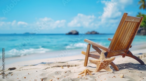 Une chaise longue en bois sur une plage de sable avec des étoiles de mer, illustrant un concept de vacances d'été à la mer, image avec espace pour texte.