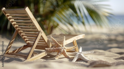 Une chaise longue en bois sur une plage de sable avec des étoiles de mer, illustrant un concept de vacances d'été à la mer.