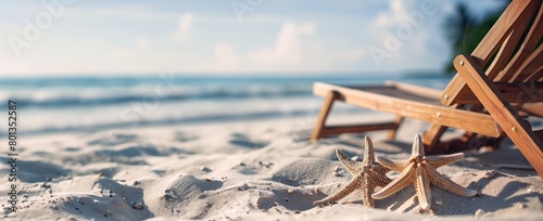 Une chaise longue en bois sur une plage de sable avec des étoiles de mer, illustrant un concept de vacances d'été à la mer, image avec espace pour texte.