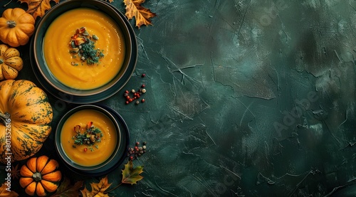 Un bol de soupe de potiron sur une assiette noire, entouré de petites citrouilles et de feuilles sur un fond en ardoise, image avec espace pour texte.