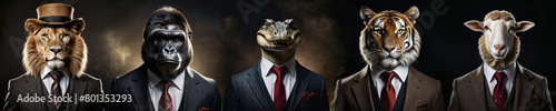 Gangs of gangsters and swindlers. Powerful economic elites that control the world. Illustration of anthropomorphic predatory animals dressed in suits and ties.
