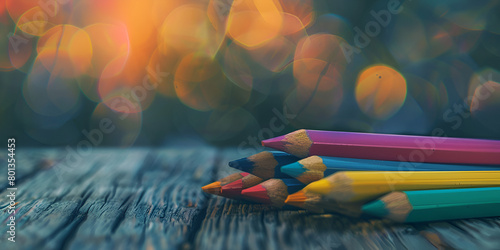 Colorful School Pencils Close Up on Wooden Table Background with Bokeh Blur Effect Back to School Concept School Supplies Writing Implement