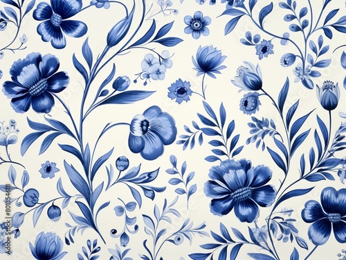 Seamless pattern of delft blue blossoms and leaves for vintageinspired ceramic tiles and fine paper printing , simple lines drawing