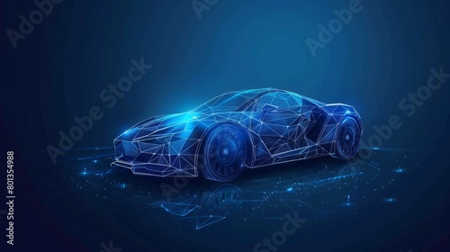 Abstract vector illustration of a modern car in a digital futuristic polygonal style, isolated on a dark blue background.