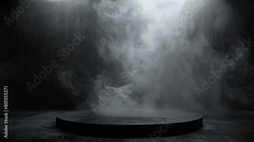 Black concrete pedestal against a dark background with a spotlight shining down and smoke drifting around