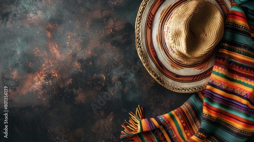 Traditional Latin American sombrero and colorful poncho on a textured dark background.