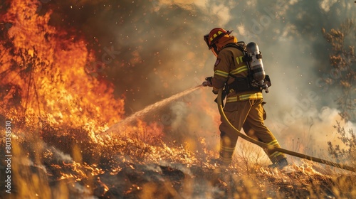Firefighter with hose amidst intense flames in a wildfire, a testament to courage. Frontline heroes fighting to save the environment.