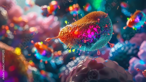 Hepatitis viruses shimmer in an array of colors on a cyberpunk liver model, showcasing their infection pathways and liver cell interactions in a macro concept