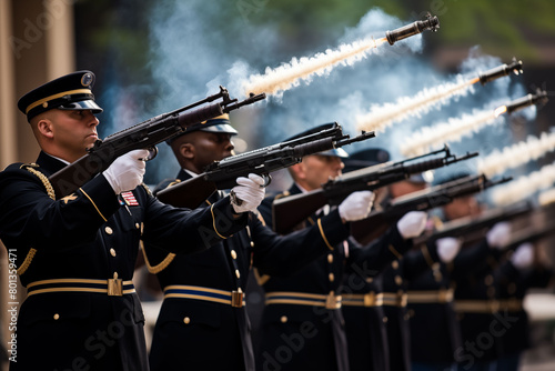 Military honor guard performing a 21-gun salute at a memorial service