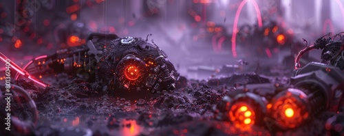 A neon lit junkyard filled with discarded robots, their limbs and wires glowing with an eerie light 