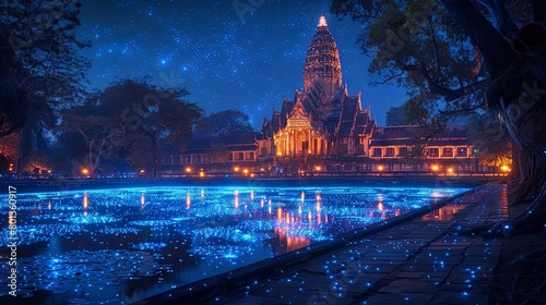 A serene temple in Ayutthaya lit by the ethereal glow of bioluminescent plants, combining Thai architectural beauty with fantasy elements