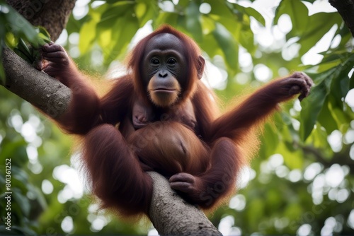 'tree orangutan young orang borneo indonesia pongo primate ape like human male single jungle forest wild animal malaysia rainforest sumatra man population safari nature hairy monkey closeup face'