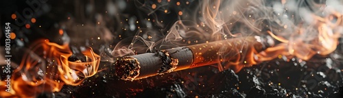 A photorealistic closeup of a cigarette burning down to ash, with wisps of smoke morphing into silhouettes of damaged alveoli 