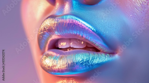 A close up of a womans lips adorned with holographic makeup