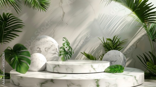 White marble podium with green leaves and shadows of palm leaves on the background.