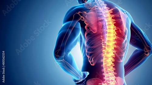 3D illustration of the human spine with red and yellow highlights on the vertebrae.