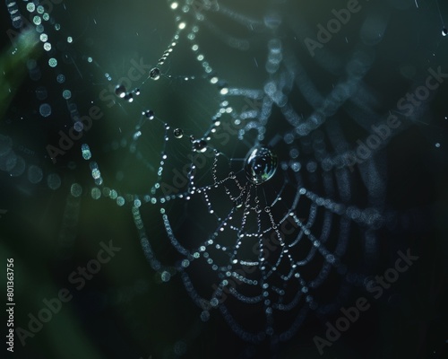 A photorealistic macro shot of a dewdrop clinging to a spiderweb, showcasing the intricate details of natures tiny wonders 