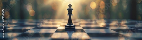A single, sharp chess piece king in the center of the frame, the background blurred to suggest the rest of the chessboard 