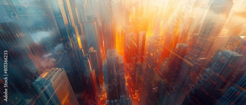 An aerial view of a futuristic city with skyscrapers and sunlight.