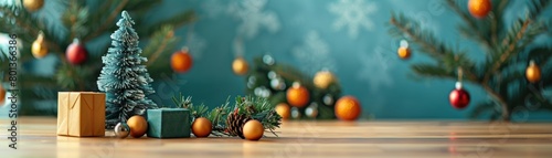 Blue and green christmas background with a miniature christmas tree, some christmas balls and a gift on a wooden table