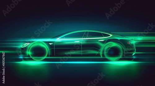 Illustration of a green neon electric car speeding in darkness, symbolizing rapid EV motion. Vector