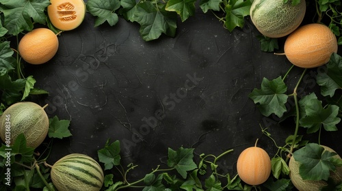 Overhead view of assorted ripe melons and fresh green leaves on a dark textured background with copy space.
