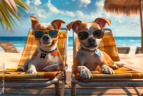  Two dogs sitting in hammocks on a beach enjoying the summer 