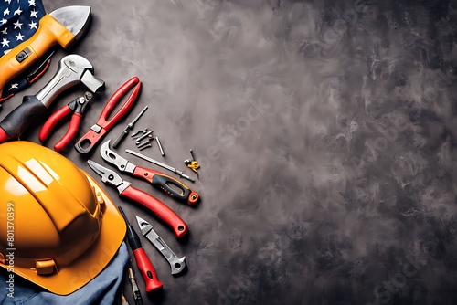 Labor day background concept. Flat lay of construction collar handy tools, with copy space