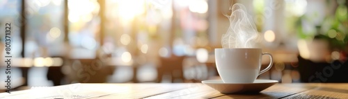 A closeup of a steaming cup of tea with condensation on the mug, the background a blurred cafe interior 