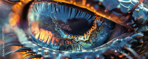 A closeup of an insect eye with a faceted lens, revealing the intricate structure and the world reflected in its tiny surface 